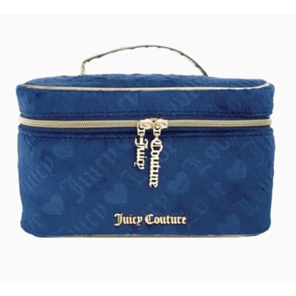 Juicy Couture Pressed Juicy & Heart Pattern Terry Train Case Makeup Bag Blue NWT - Picture 1 of 2